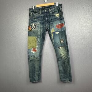 Polo Ralph Lauren Mens 30x30 Sullivan Slim Distressed Patchwork Skull Jean